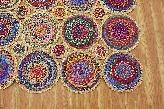 Scalloped Edge Rug, Hand Woven Natural Chindi Cotton and Jute Area Rug, 10x16 Ft Beige & Multicolor Braided Kilim Rugs for Living Room, Kitchen, Entryway, Farmhouse