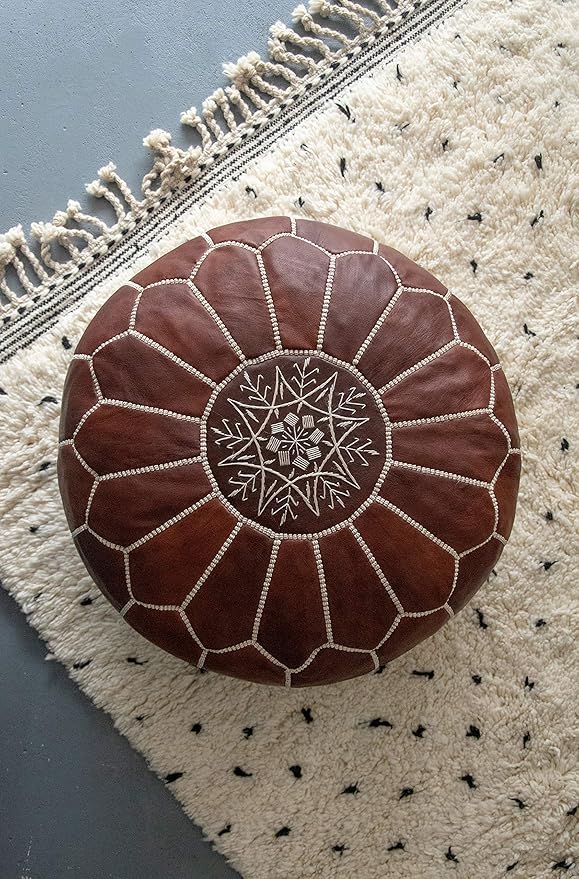 Premium Moroccan Leather Pouf - Handmade - Delivered Stuffed - Ottoman, Footstool, Floor Cushion (Honey Cognac)