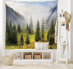 Ambesonne Forest Tapestry, Fir Trees on Meadow Between Hillsides Conifer Woodland in Fog Before Sunrise, Wide Wall Hanging for Bedroom Living Room Dorm, 60" X 40", Gray Green