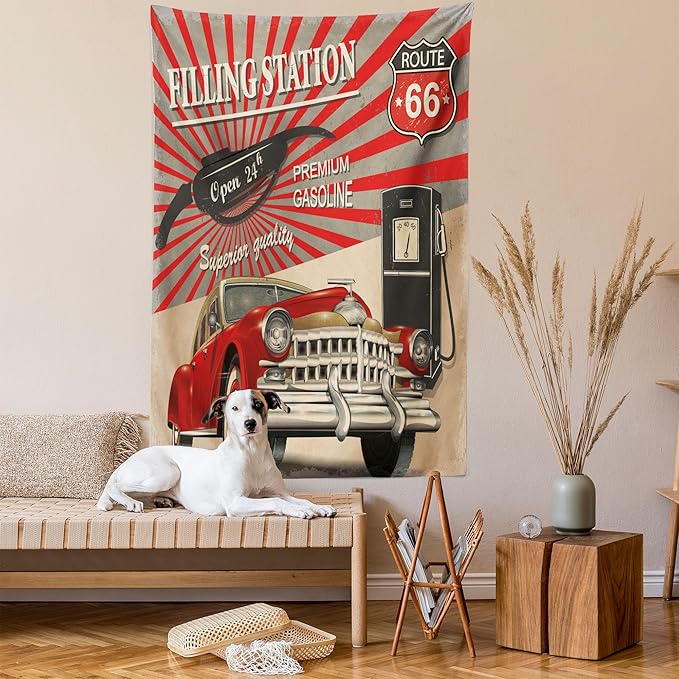 Ambesonne Cars Tapestry, Poster Style Image Gasoline Station Commercial Element Route 66 IllustrationPrint, Wall Hanging for Bedroom Living Room Dorm Decor, 40" X 60", Vermilion Beige