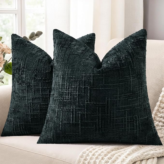 decorUhome Spring Black Chenille Euro Sham Throw Pillow Covers 26x26 Set of 2 Textured Soft Cozy Slubby Couch Pillow Covers Modern Farmhouse Boho Decorative Pillow Cases for Bed Sofa Living Room