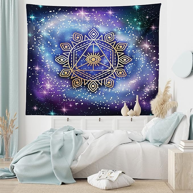 Ambesonne Geometry Tapestry, Celestial and Terrestrial Harmony of Cosmos Mandala Form on Nebula Art, Fabric Wall Hanging Decor for Bedroom Living Room Dorm, 45" X 30", Indigo