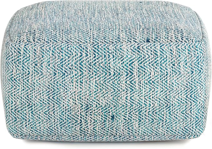SIMPLIHOME Nate Square Pouf - 20 inch Wide Upholstered Handwoven Cotton Ottoman in Patterned Teal Melange, Boho Footstool or Extra Seating for Living Room with Artisanal Texture, Assembled