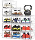 Pinkpum Upgraded Hard Shoe Storage Box 12 Pack X-Large Fit Size 12, Thicken & Sturdy Clear Plastic Stackable Shoe Organizer Box Closet, Sneaker Storage Display Case Holder Bins with Magnetic Door