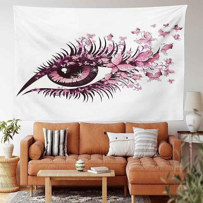 Ambesonne Butterflies Tapestry, Female Eye Eyelashes Mascara Stare Party Makeup Animal Print, Fabric Wall Hanging Decor for Bedroom Living Room Dorm, 28" X 23", Pale Pink Purple