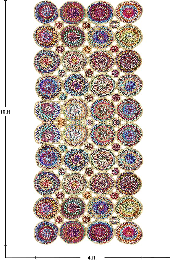 Scalloped Edge Rug, Hand Woven Natural Chindi Cotton and Jute Area Rug, 12x18 Ft Beige & Multicolor Braided Kilim Rugs for Living Room, Kitchen, Entryway, Farmhouse