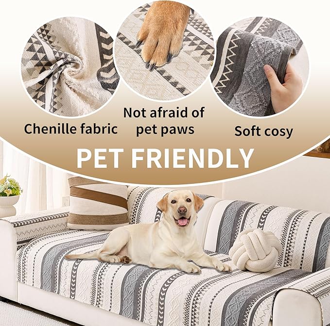 HAOMAIJIA Boho Couch Covers for Sofa, Waterproof Couch Cover for Dogs Soft Chenille Jacquard Non Slip Sofa Covers for Pets Washable Couch Protector (Grey, 36.5" x 74" 1 Pack)
