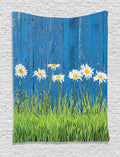 Ambesonne Flower Tapestry, Fresh Springtime Grass and Daisy on Fence Summer Simple Vintage Style Print, Wall Hanging for Bedroom Living Room Dorm Decor, 60" X 80", Blue and Green