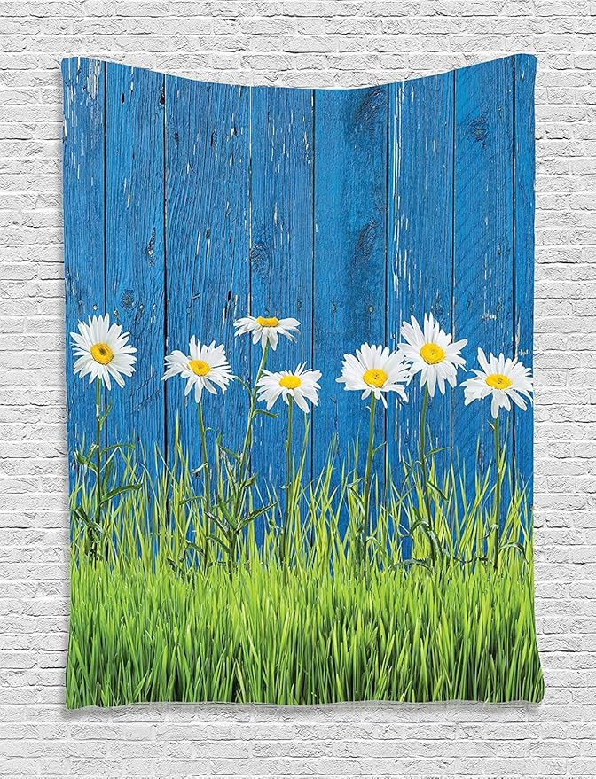 Ambesonne Flower Tapestry, Fresh Springtime Grass and Daisy on Fence Summer Simple Vintage Style Print, Wall Hanging for Bedroom Living Room Dorm Decor, 60" X 80", Blue and Green