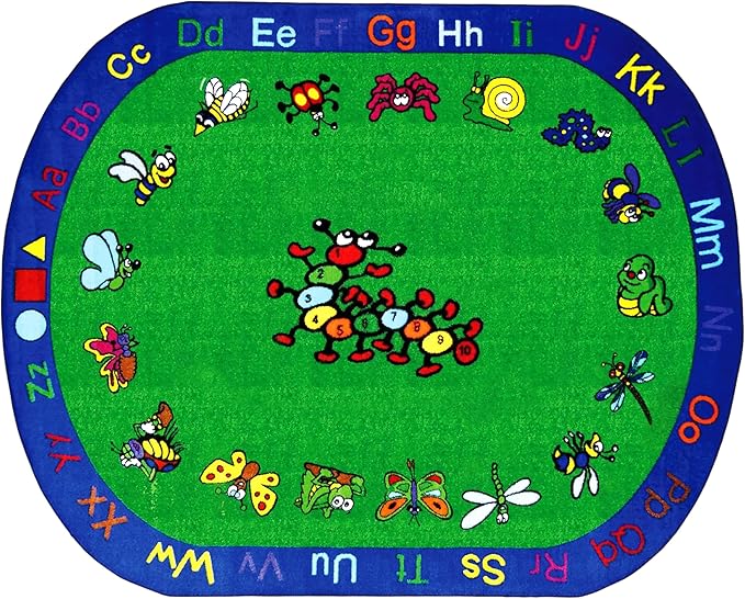 SAFECASTLE Kids Carpet Kritters Alphabet Rug 5'4" x 7'8"– Colorful Oval Educational Area Rug with Letters, Numbers & Insects, Learning Carpet for Toddlers, Preschool, Classroom, Daycare & Playroom