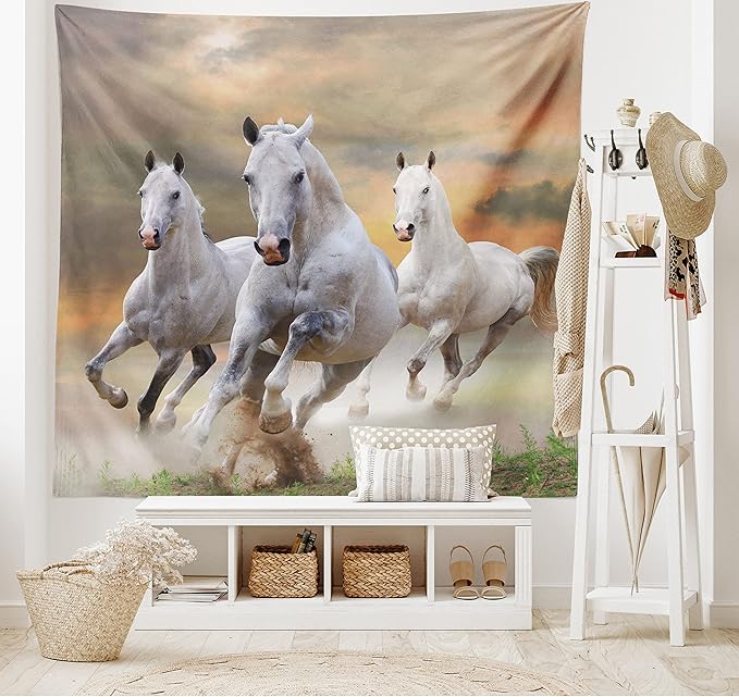 Ambesonne Horses Tapestry, Stallion Horses Running on a Mystic Sky Background Male Champions Print, Wide Wall Hanging for Bedroom Living Room Dorm, 60" X 40", White Orange