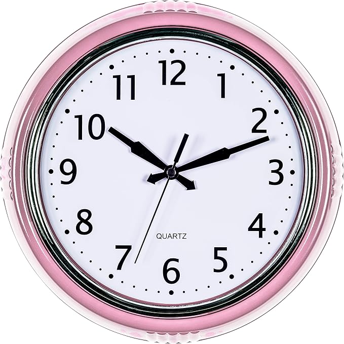 Bernhard Products Retro Wall Clock 12 Inch Pink Kitchen 50's Vintage Design Round Silent Non Ticking Battery Operated Quality Quartz for Home Office Baby Nursery Girls Room Classroom, Easy to Read