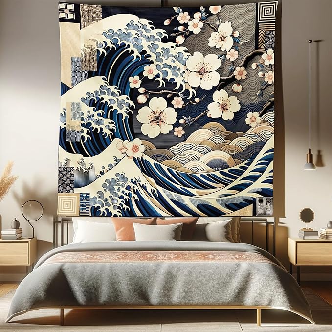 Ambesonne Anime Tapestry Queen Size, Ukiyo-e Style Cultural Art Design with Squama Scales Waves Cherry Blossoms, Wall Hanging Bedspread Bed Cover Wall Decor, 88" X 88", Taupe Beige Dark Blue