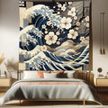 Ambesonne Anime Tapestry Queen Size, Ukiyo-e Style Cultural Art Design with Squama Scales Waves Cherry Blossoms, Wall Hanging Bedspread Bed Cover Wall Decor, 88" X 88", Taupe Beige Dark Blue