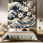 Ambesonne Anime Tapestry Queen Size, Ukiyo-e Style Cultural Art Design with Squama Scales Waves Cherry Blossoms, Wall Hanging Bedspread Bed Cover Wall Decor, 88" X 88", Taupe Beige Dark Blue
