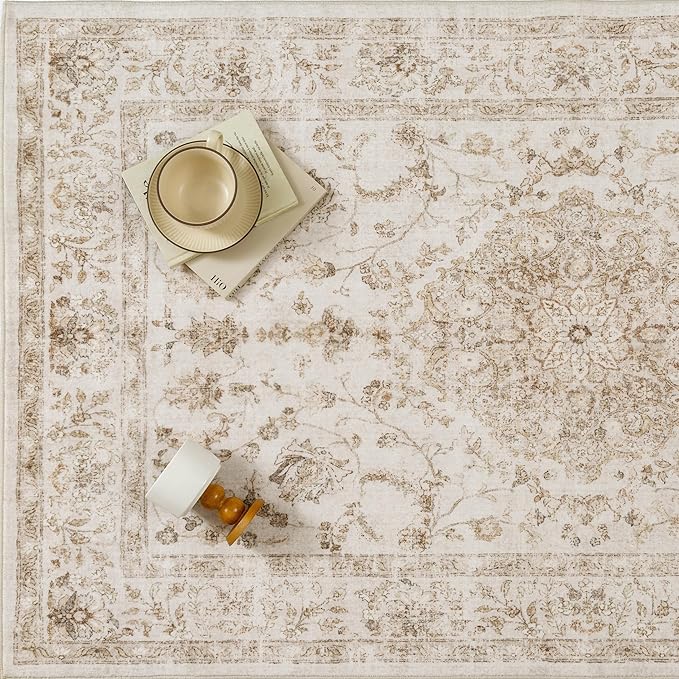 3x5 Beige Area Rug Washable Entryway Vintage Carpet Office Distressed Small Non Slip Low Pile Thin Kitchen Bathroom Medallion Accent Throw Rug Entrance Bedroom Office Living Room Laundry