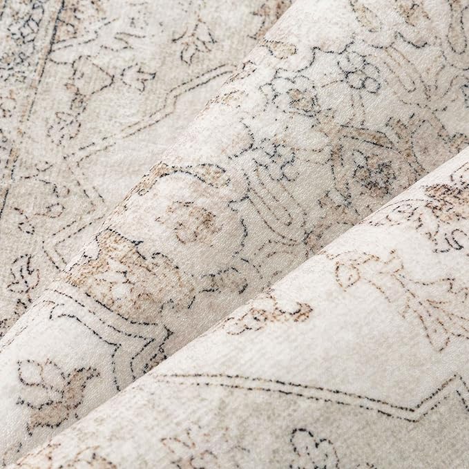 Beige Area Rug 10x12 Washable Living Room Carpet Vintage Non Slip Soft Bedroom Indoor Office Retro Low Pile Thin Oriental Medallion Large Rug for Dining Room Bathroom Playroom
