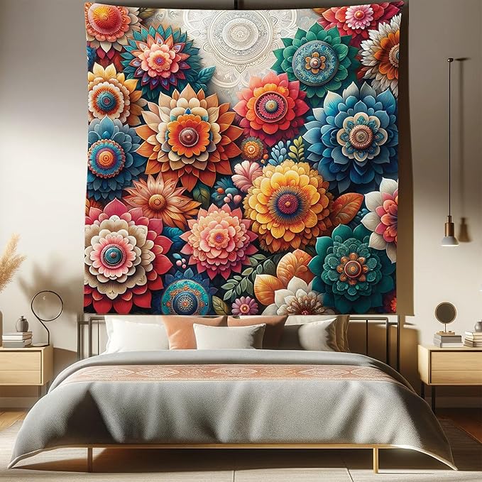 Ambesonne Flower Tapestry Queen Size, Contemporary Wild Floral with Delicate Oriental Feel Petals Boho Hippie, Wall Hanging Bedspread Bed Cover Wall Decor, 88" X 88", Vermilion Teal Sea Blue