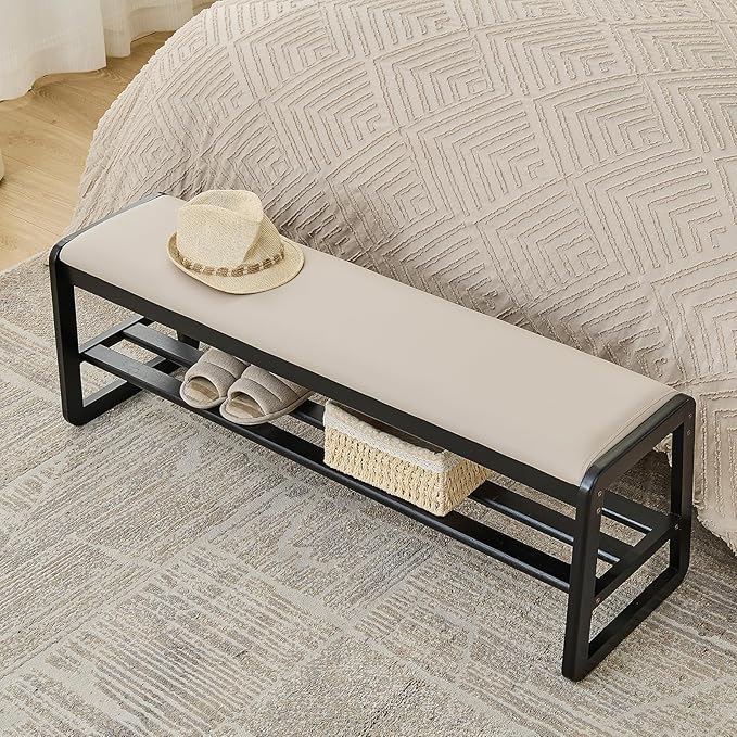 Uniclinens Wooden Shoe Rack Bench with Cushion, Solid Wood Narrow Entryway Bench 2-Tier, Long Shoe Storage Bench for Hallway Living Room, End of Bed Bench Bedroom(Black 47.2'')