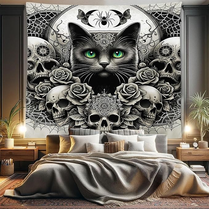 Ambesonne Gothic Tapestry King Size, Classic Spooky Rose Ornated Skulls and Black Cat with Spider Print, Wall Hanging Bedspread Bed Cover Wall Decor, 104" X 88", Dark Grey Green and Eggshell