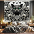 Ambesonne Gothic Tapestry King Size, Classic Spooky Rose Ornated Skulls and Black Cat with Spider Print, Wall Hanging Bedspread Bed Cover Wall Decor, 104" X 88", Dark Grey Green and Eggshell