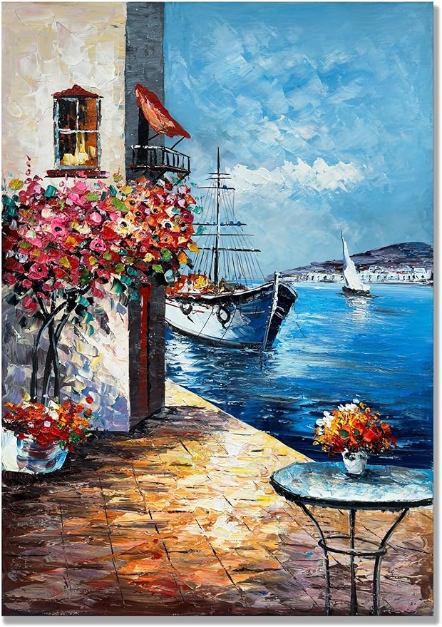 Alenoss Handmade Mediterranean Landscape Painting - 28x40 Inches Large 3D Wall Art for Home Decorations - Framed Abstract Canvas Wall Art - Contemporary Texture Wall Decor