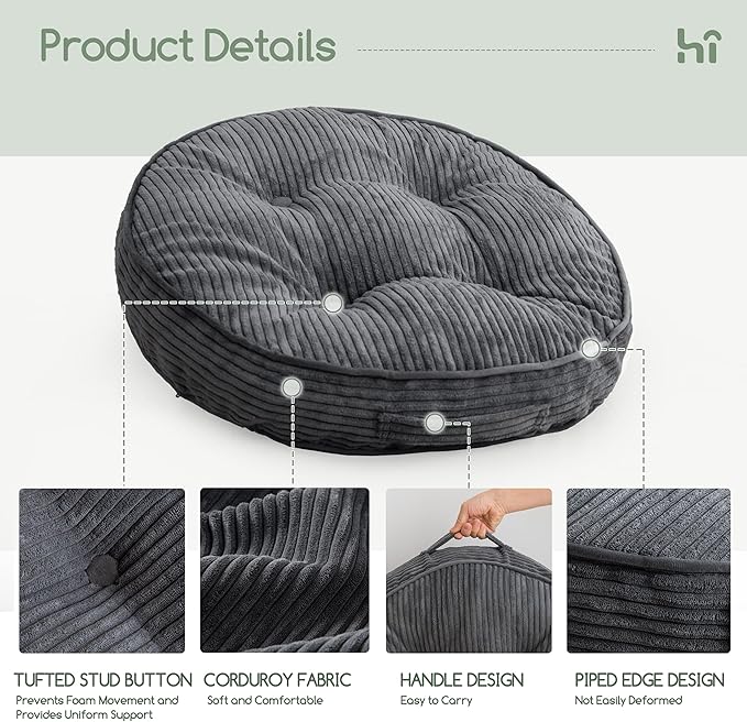 HIGOGOGO Washable Floor Pillow Cushion for Adults, Meditation Cushion Pillow, Large Round Floor Sitting, Removable Tufted Corduroy Cover, for Tatami Living Room or Yoga, 22x22 Inch, Machine Washable