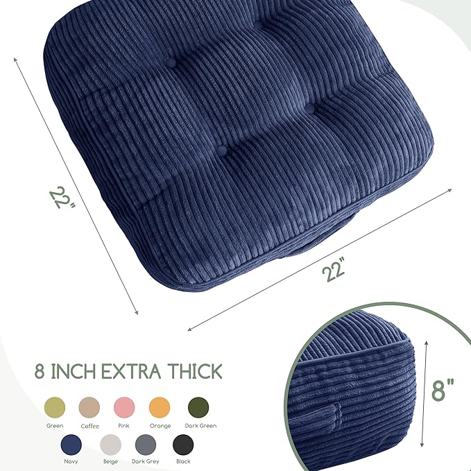 8" Washable Floor Pillow Cushion for Adults, Meditation Cushion Pillow, Large Square Floor Sitting, Removable Tufted Corduroy Cover, for Tatami Living Room or Yoga, 22x22 Inch, Machine Washable
