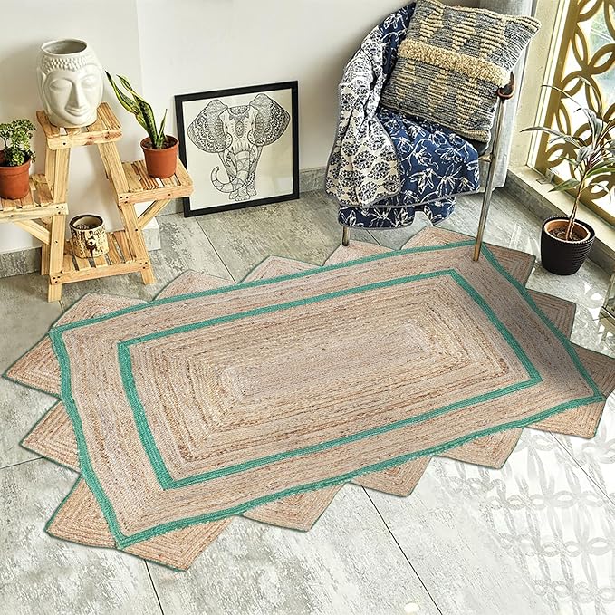 Scalloped Jute Rug, Hand Woven Runner Area Rug, 6x12 Ft Beige & Green Braided Natural Sisal Kilim Rugs for Living Room, Kitchen, Entryway, Farmhouse