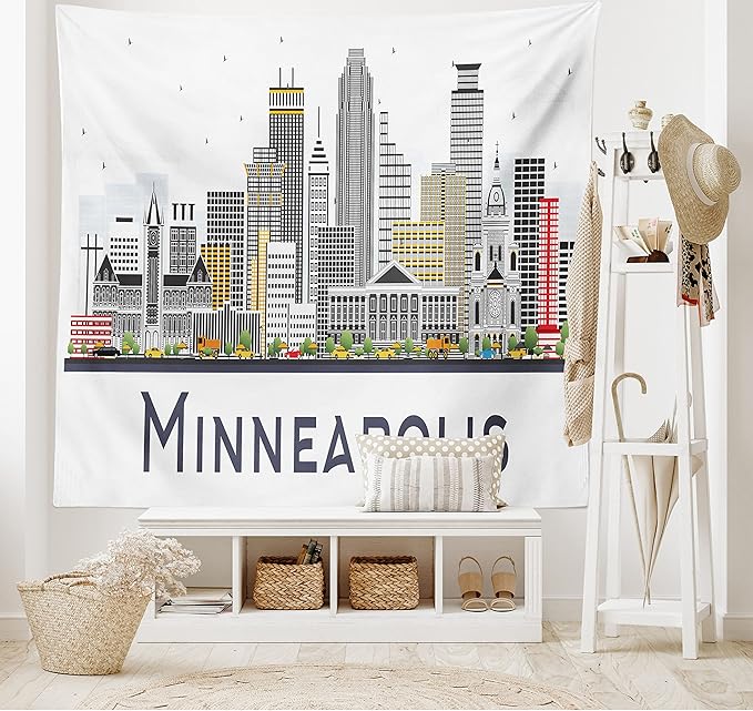 Ambesonne Minnesota Tapestry Queen Size, Elevation of a Street in Minneapolis Image with High Detailed Facades, Wall Hanging Bedspread Bed Cover Wall Decor, 88" X 88", White Grey
