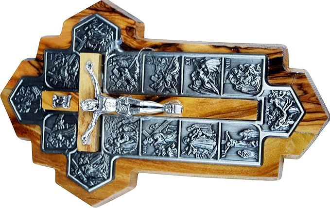 Olive Wood Crucifix - icon showing 14 Stations of the Cross etched on metal (14x9x1 cm or 5.5x3.5x.4 inch)