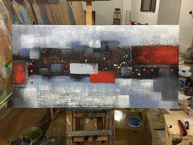 MyArton Textured 3D Oil Painting on Canvas Thick Linen Artwork Modern Abstract Art for Wall Decor Red Gray Painting Picture for Home Decoration