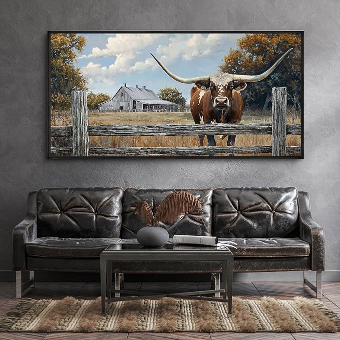 XLSJERST Rustic Wall Art Poster 40x20 Inches - Longhorn Picture Farm Artwork Canvas Picture Brown Cow Wall Decor for Living Room Guest Bath Decoration