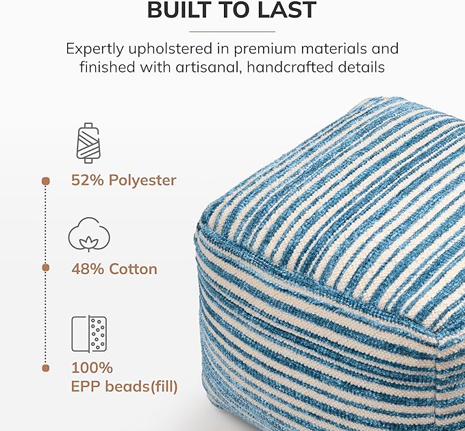 Anji Mountain 100% Handmade & Handcrafted Comfortable Home Décor Pouf Ottoman Footrest for Living Room, Bedroom, Nursery, Kidsroom, Patio Furniture - (22" x 22" x 16" - Blue)
