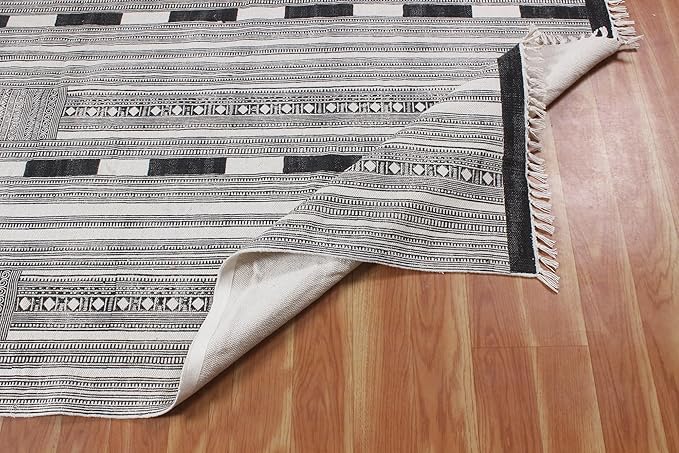 Area Rugs for Living Room 5x8 Kilim Rug Gray & Beige Cotton Dhurrie Striped Thick 0.19 inches Stone Easy Washable Rug Hand Wash Cotton Carpet Flatweave Rug Indoor Outdoor Rugs for Bedroom