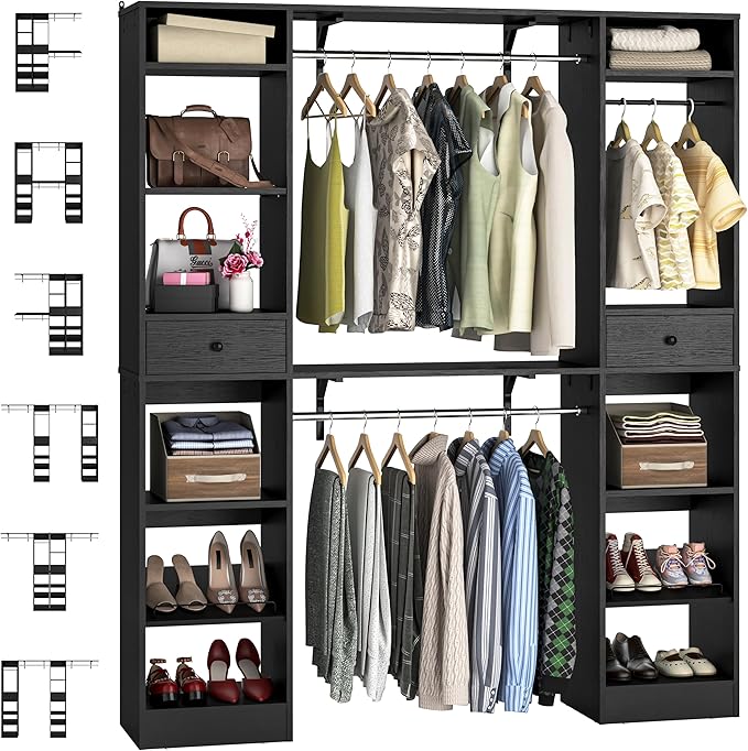 Unikito 58-90 Inch Closet System, Large Walk in Closet Organizer with 3 Hanging Rods and Shelves, Heavy Duty Wood Closets Wardrobe with 2 Drawers & Shoe Rack, Sturdy Reversible Clothing Rack, Black