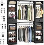 Unikito 58-90 Inch Closet System, Large Walk in Closet Organizer with 3 Hanging Rods and Shelves, Heavy Duty Wood Closets Wardrobe with 2 Drawers & Shoe Rack, Sturdy Reversible Clothing Rack, Black