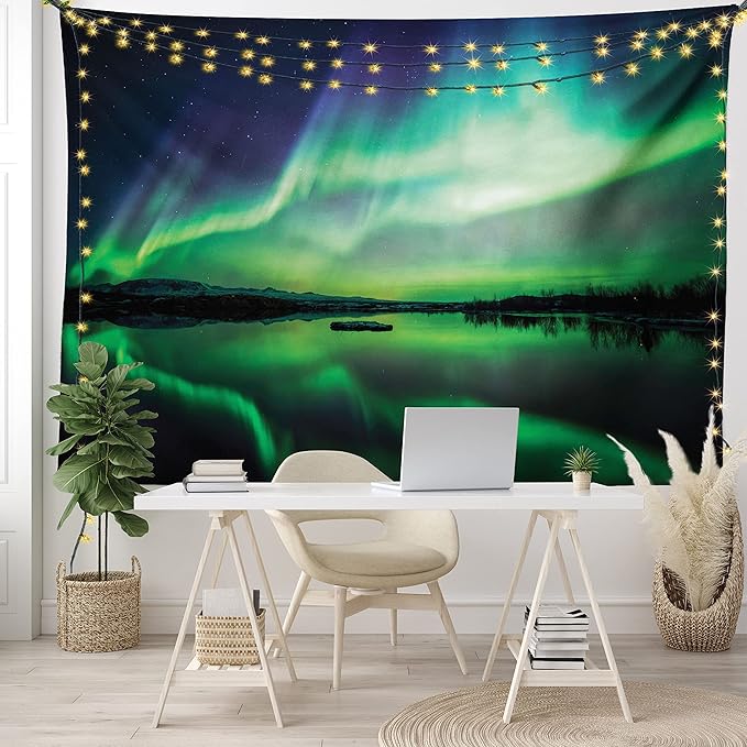 Ambesonne Iceland Tapestry, Aurora Borealis View over Lake Thingvellir National Park Nature Print, Fabric Wall Hanging Decor for Bedroom Living Room Dorm, 30" X 45", Sea Green and Night Blue