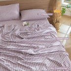 MooMee Gingham Duvet Cover Set 100% Washed Cotton Linen Like Textured Breathable Durable Soft Comfy Modern Checkered Design (Classic Gingham Light Purple, Twin 68"x90")