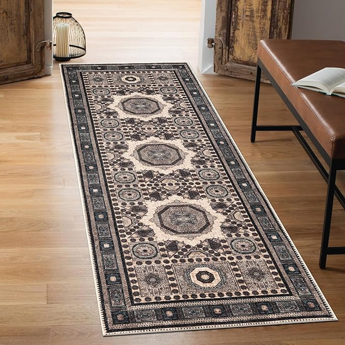 Keen Home Design 2x12 Rug - Machine Washable Runner Rug with Non-Slip Backing, Ideal for Hallway, Entryway, Kitchen, Laundry Room - Vintage, Easy Clean, Durable, Low Pile - (2'6" x 12')