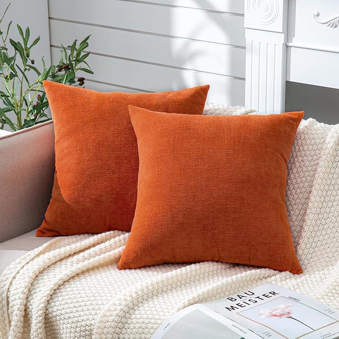 GAWAMAY Decorative Chenille Throw Pillow Covers 24x24 Inch Pack of 2, Soft Square Couch Pillow Cover for Sofa Cushion Living Room Bedroom Solid Dyed Pillowcases Burnt Orange 60x60cm (ONLY Covers)