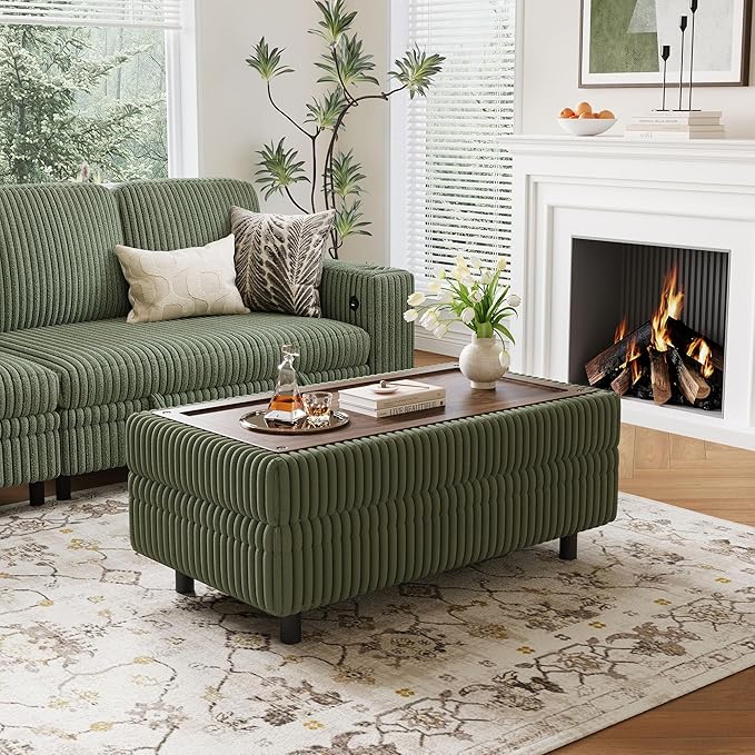 LINSY HOME Sectional Sleeper Sofa Storage Ottoman Bench, Convertible Coffee Table Plush Corduroy Couch Ottoman Footstool for Living Room, Bedroom Entryway and Family Room, Green
