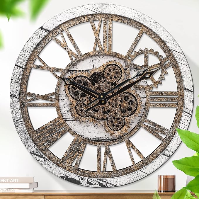 HOIBAI Wall Clock, 24 Inch Moving Gears Clock Large Wall Clock for Living Room Decor Rustic Vintage Industrial Steampunk Farmhouse Big Clock for Home Kitchen Bedroom Office