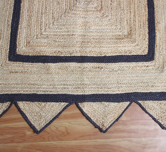Scalloped Edge Rug, Hand Woven Natural Jute Area Rug, 10x16 Ft Beige & Black Braided Sisal Kilim Rugs for Living Room, Kitchen, Entryway, Farmhouse