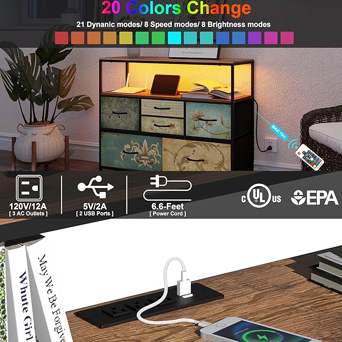 Tohomeor TV Stand with Power Oulet Dresser with Charging Station & LED Light Dresser with 6 Fabric Drawers for Living Room Storage Chest of Drawers Retro Dresser with Open Shelf Wooden Top