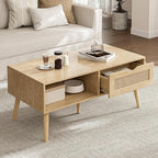Coffee Table with Storage, Boho Dining Table with Rattan Drawer and Solid Wood Legs, Small Coffee Tables for Living Room, Oak