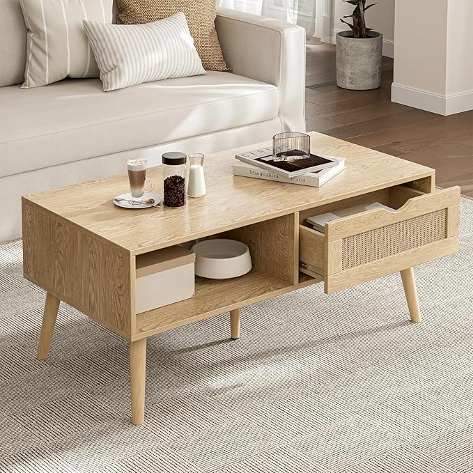 Coffee Table with Storage, Boho Dining Table with Rattan Drawer and Solid Wood Legs, Small Coffee Tables for Living Room, Oak