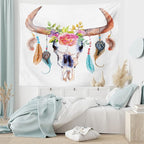 Ambesonne Feather Tapestry, Watercolor Style Bull Skull Ornaments Vibrant Image, Fabric Wall Hanging Decor for Bedroom Living Room Dorm, 28" X 23", White Brown