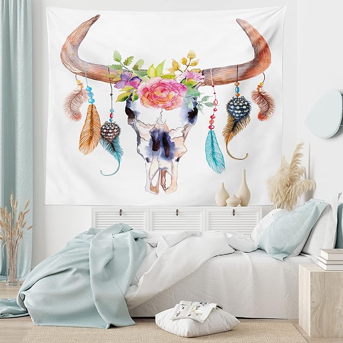Ambesonne Feather Tapestry, Watercolor Style Bull Skull Ornaments Vibrant Image, Fabric Wall Hanging Decor for Bedroom Living Room Dorm, 45" X 30", White Brown