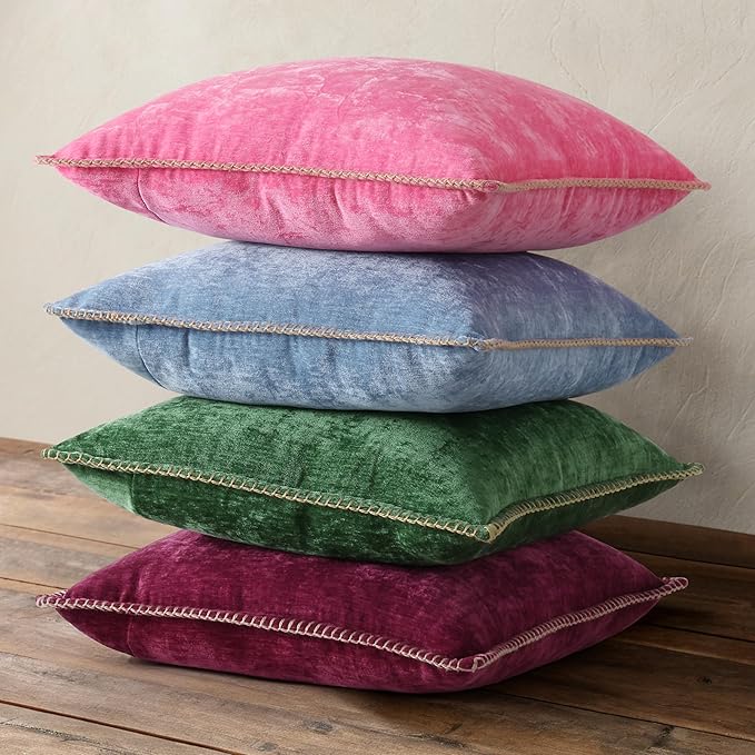 decorUhome Spring Chenille Soft Cozy Throw Pillow Covers 12x20 Set of 2, Modern Farmhouse Boho Velvet Decorative Pillow Cases with Stitched Edge for Couch Sofa Bed Home Decor, Green